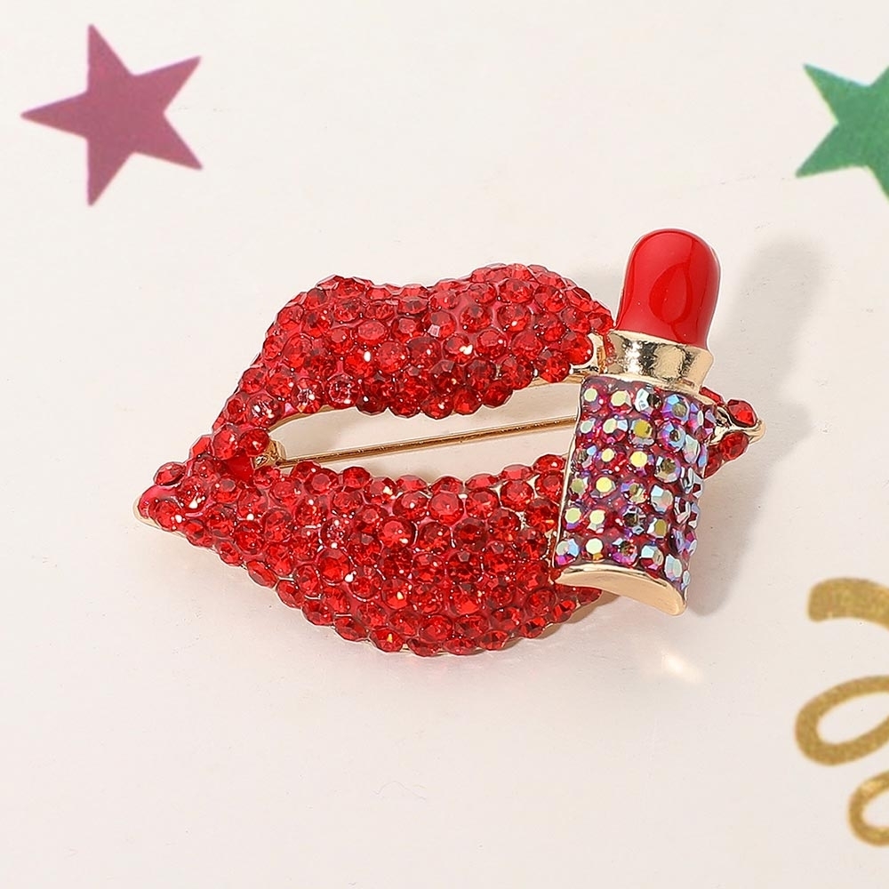 Red Gold Rhinestone Crystal Lipstick Brooch Pin Cute Statement Accessory